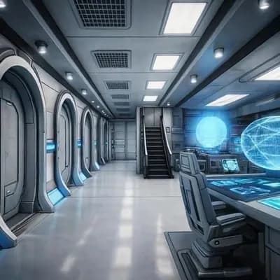 AI generated video: Slow pan around the room, leaving the area, escaping. Looking around the area. Slight shake (VERY su...