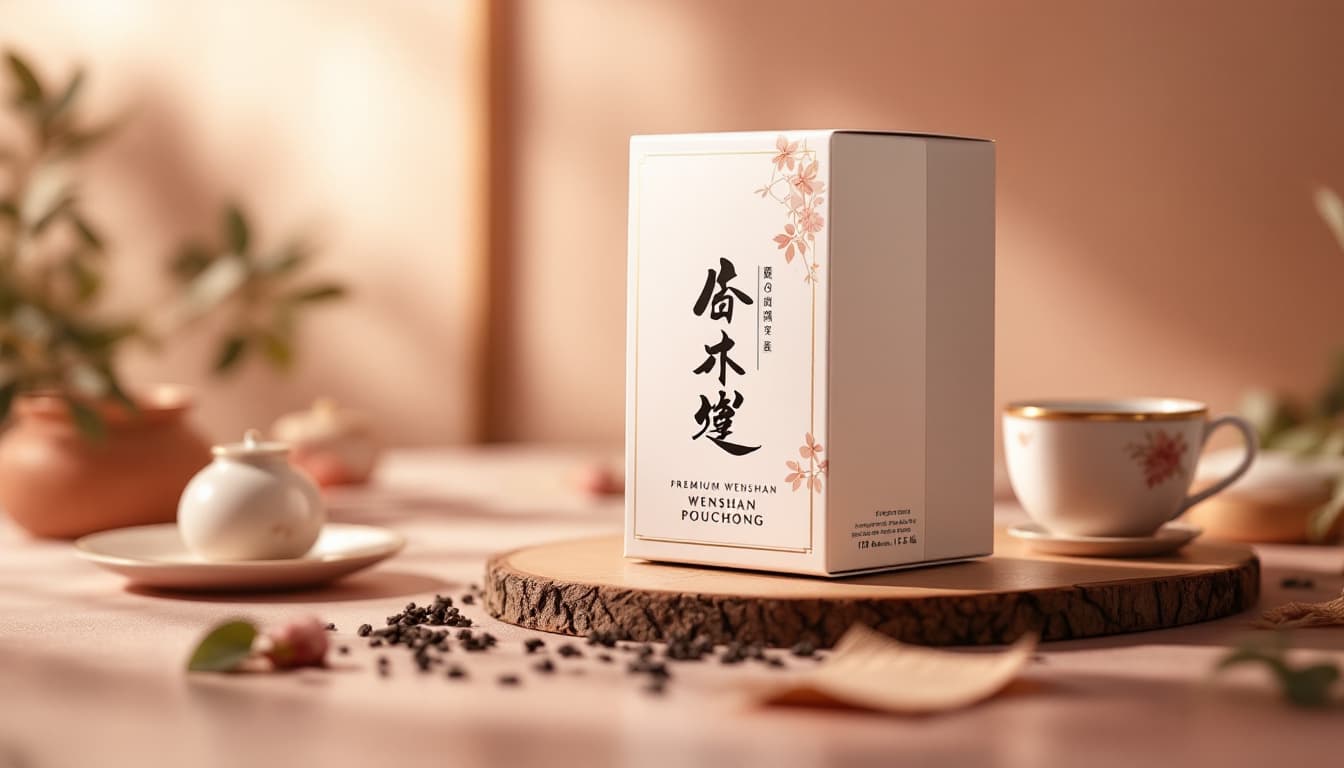 AI generated: Premium Wenshan Pouchong tea packaging, elegant minimalist design, soft lighting, high-resolution, l...
