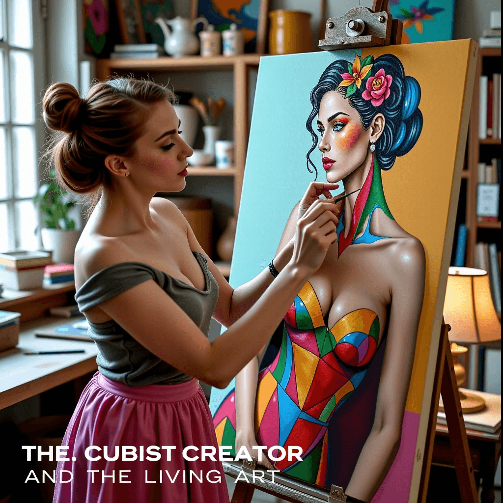 AI generated: The Cubist Creator and the Living Art - 4 of 10: A collaborative scene in the bright, cluttered atel...