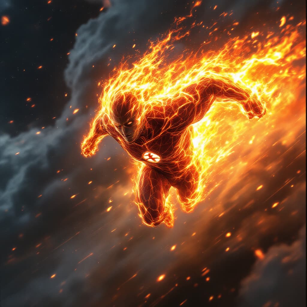 AI generated: "A hyper-realistic depiction of the Human Torch from the Fantastic Four speeding through the sky, en...