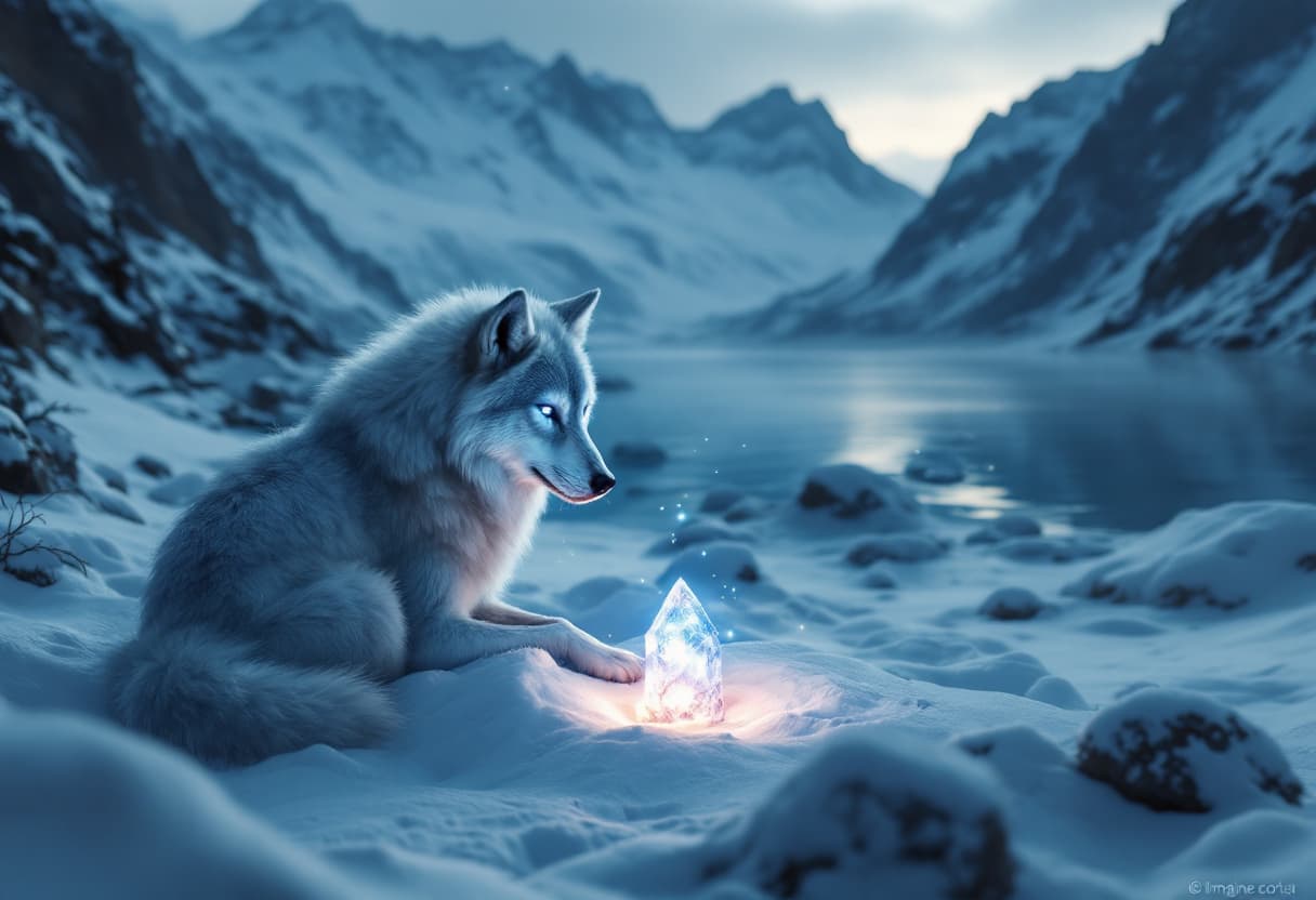 AI generated: /imagine prompt: A highly detailed, atmospheric scene of a mystical wolf with glowing eyes guarding ...