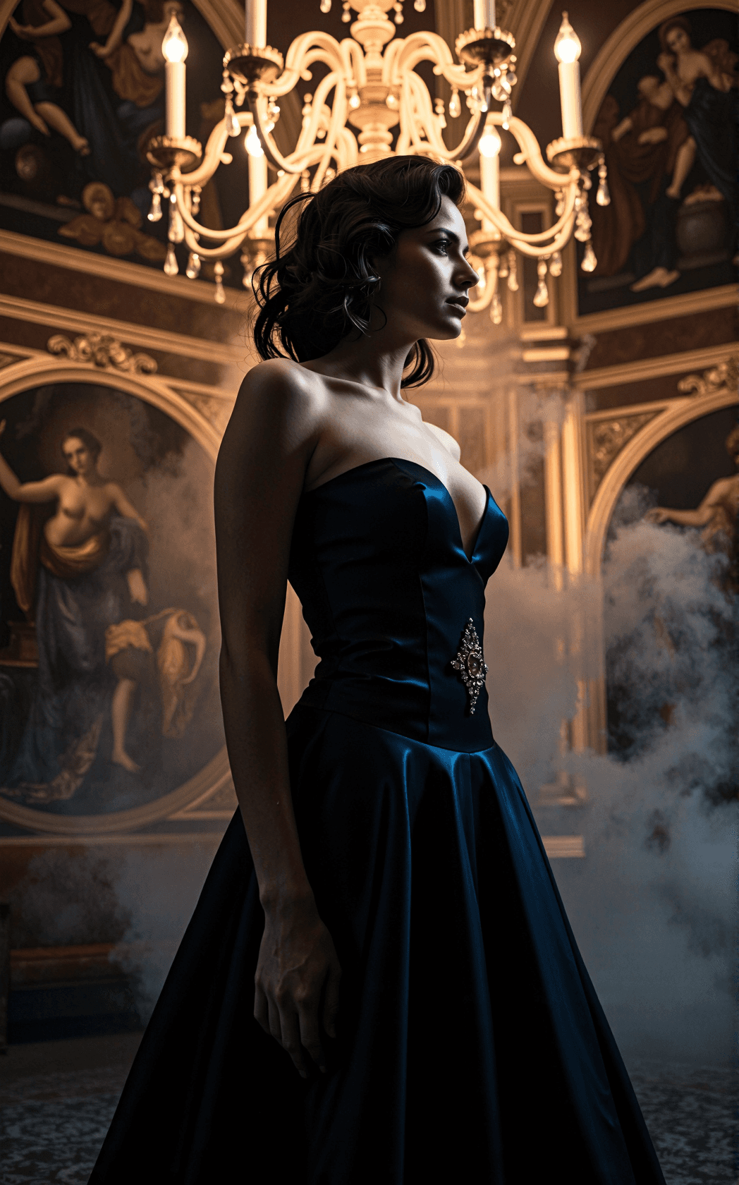 AI generated: In a shadow-drenched ballroom, a statuesque woman stands beneath molten chandelier light, her silhou...