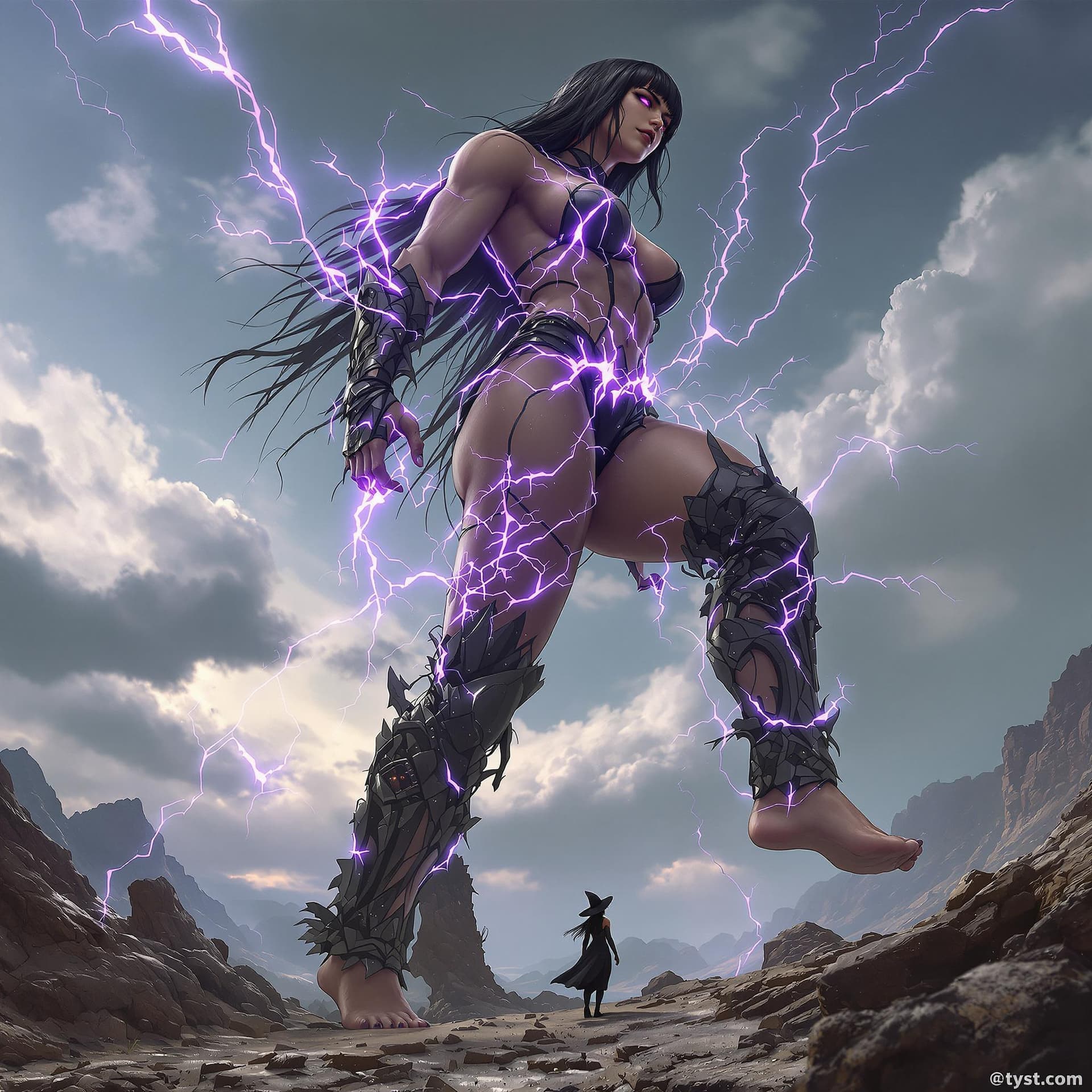 AI generated: enormous giantess female Rhea Ripley from WWE with black medium length hair and straight bangs, bigg...