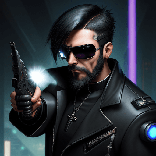 AI generated: cyberpunk priest with cyberware and aviator sunglasses. short black hair and short black beard. Poin...
