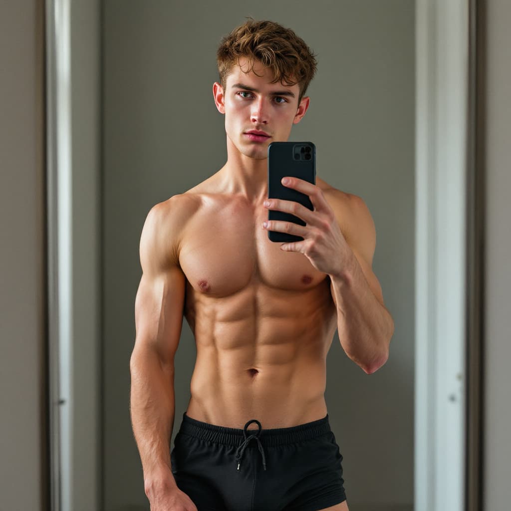 AI generated: 18 year old male, mirror selfie, Caucasian, short brown hair, muscular, boxer shorts, large penis, w...