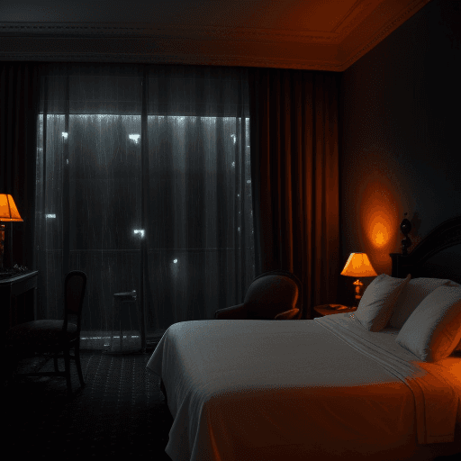 AI generated: old hotel room, dark colors, candle light, dark, raining outside, thunder