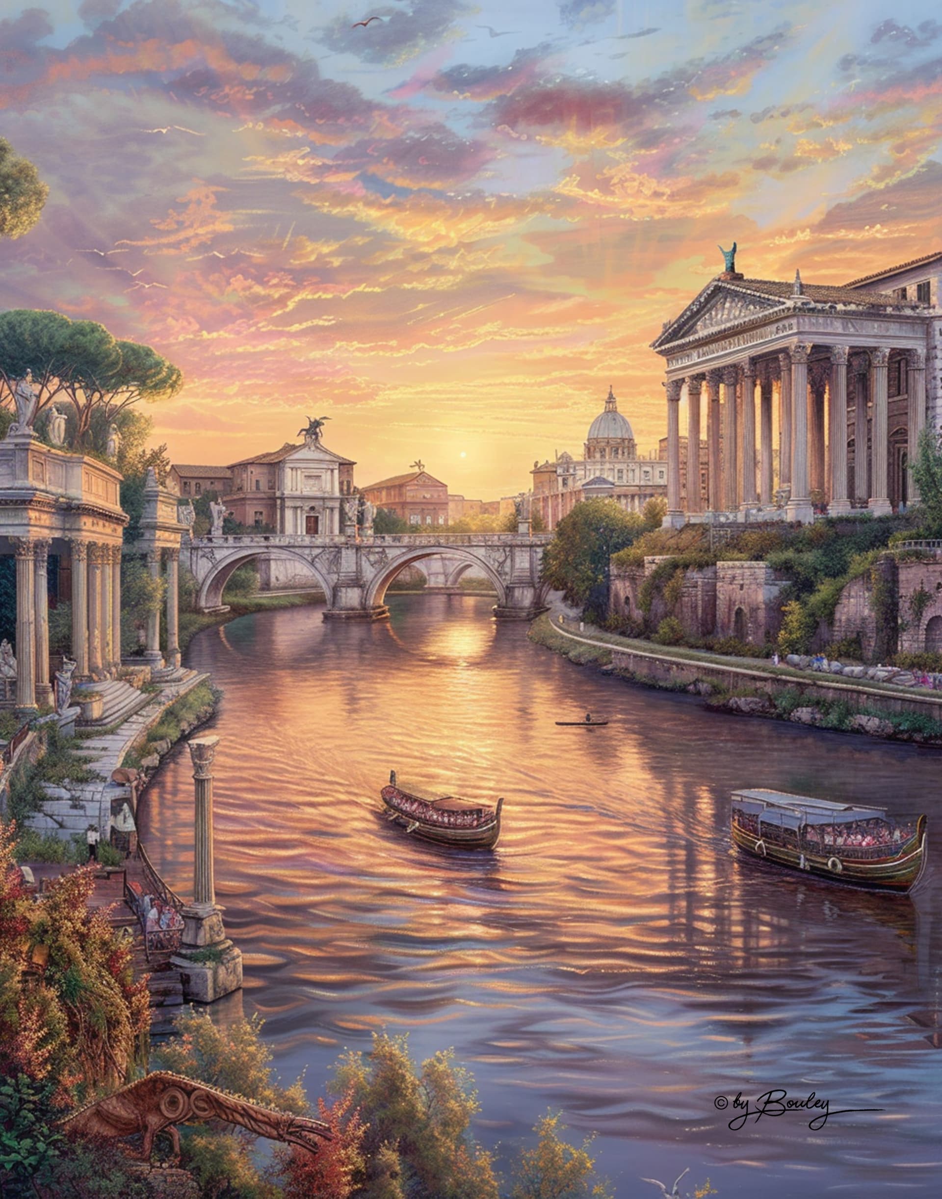 AI generated: A realistic painting of the River Tiber in ancient Rome with Roman buildings with columns along its ...