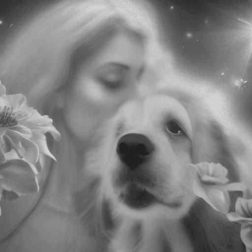 AI generated: a photorealistic portrait of a little black and white dog, surrounded by Angela in Heaven, beautiful...