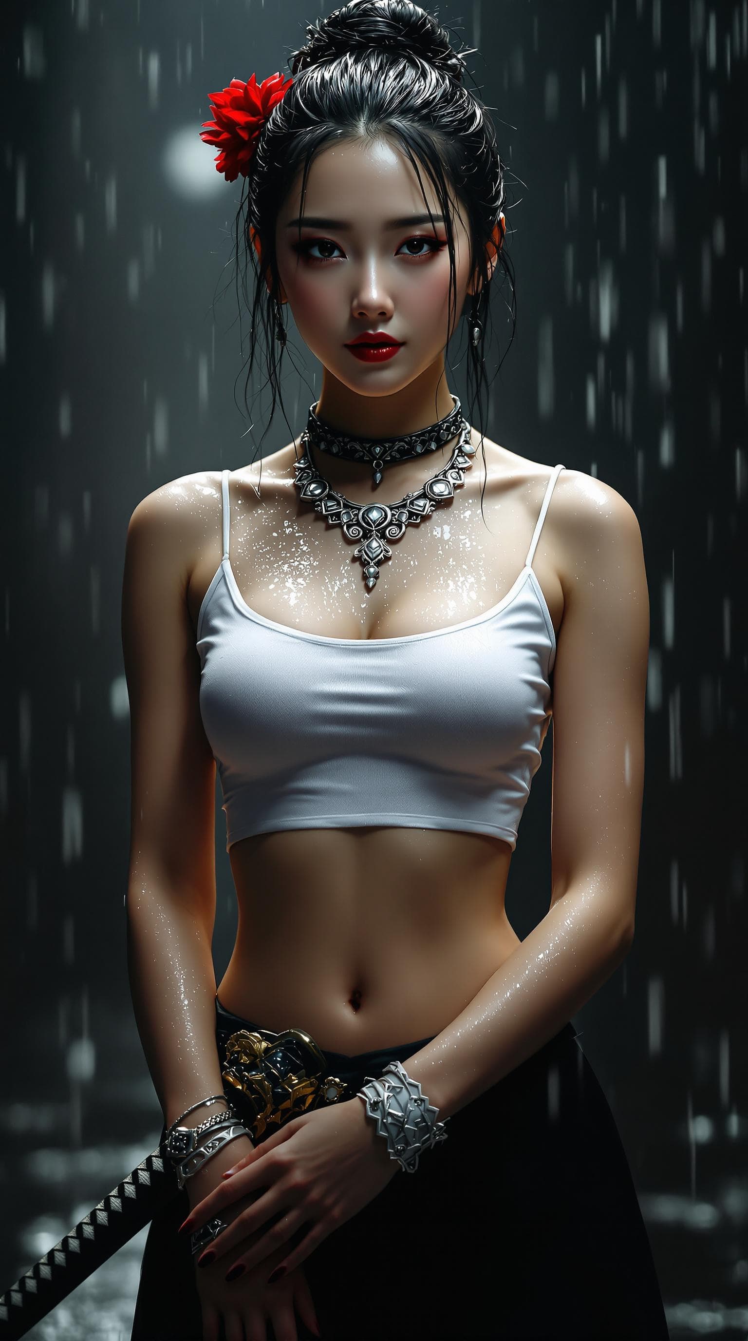 AI generated: Full body view of a young beautiful Asian woman, in her twenties, hair tied in a tight bun, adorned ...