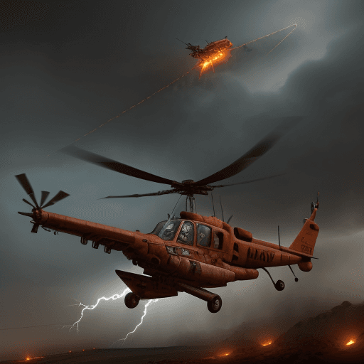 AI generated: Attack helicopter from the videogame Rust, flying through a thunder at night, with 4 scientists from...