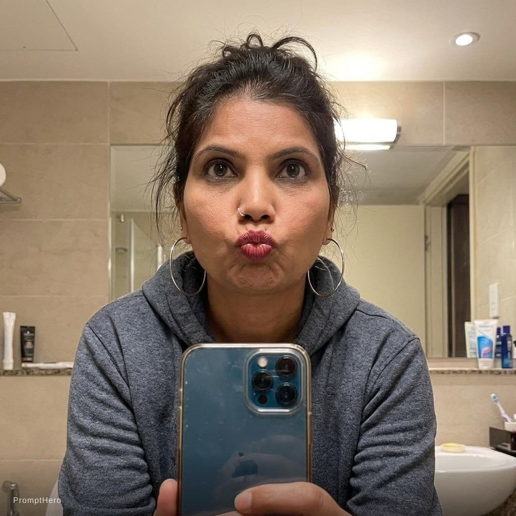 AI generated: frontal selfie taking a lower angle selfie goofy style for boyfriend in bathroom spouting her lips, ...