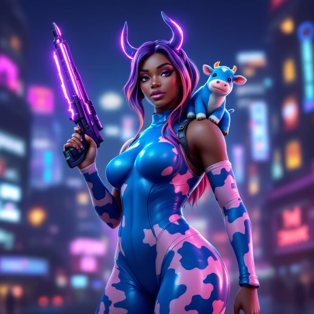 AI generated: Fortnite skin, fortnite battle royal, fortnite action scene, dark skin girl wearing blue and white a...