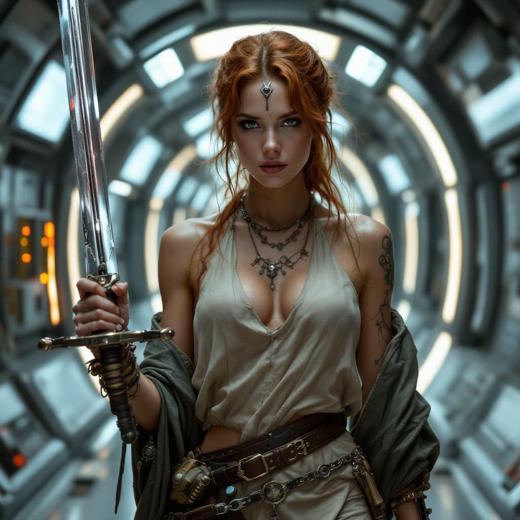 AI generated: An early 30s auburn hairRebecca Fergusson (the actress) look-alike from a science fiction universe. ...