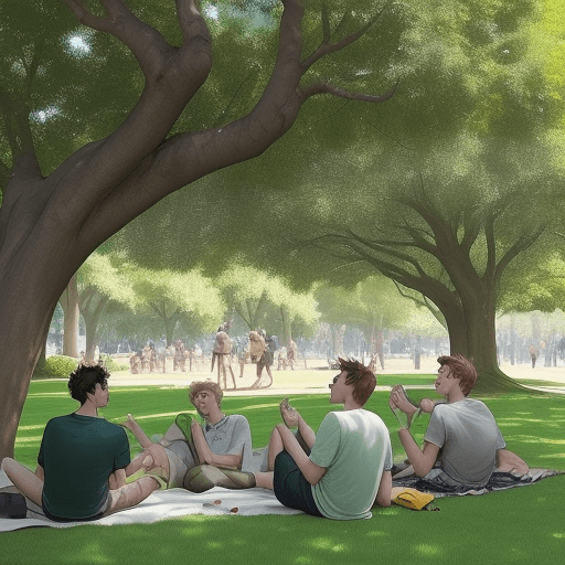 AI generated: Generate an image of a group of friends lounging on a grassy patch in a park setting.
Create an imag...