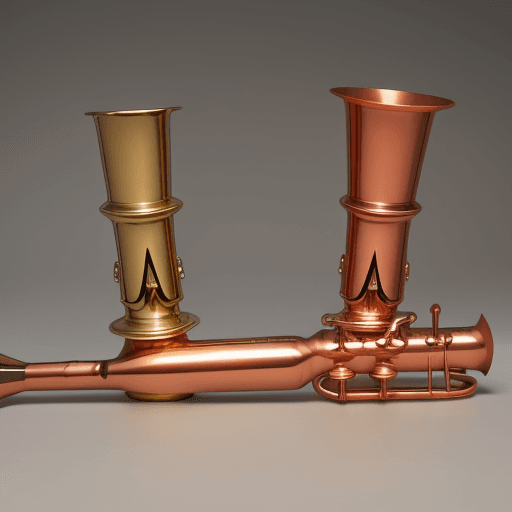 AI generated: Two rifles that cross in the middle that have a copper trumpet mouthpiece