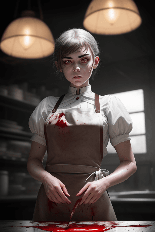 AI generated: RAW photo, low key, cinematic composition, Butcher Girl, beautiful girl, rim light, blood (white lat...