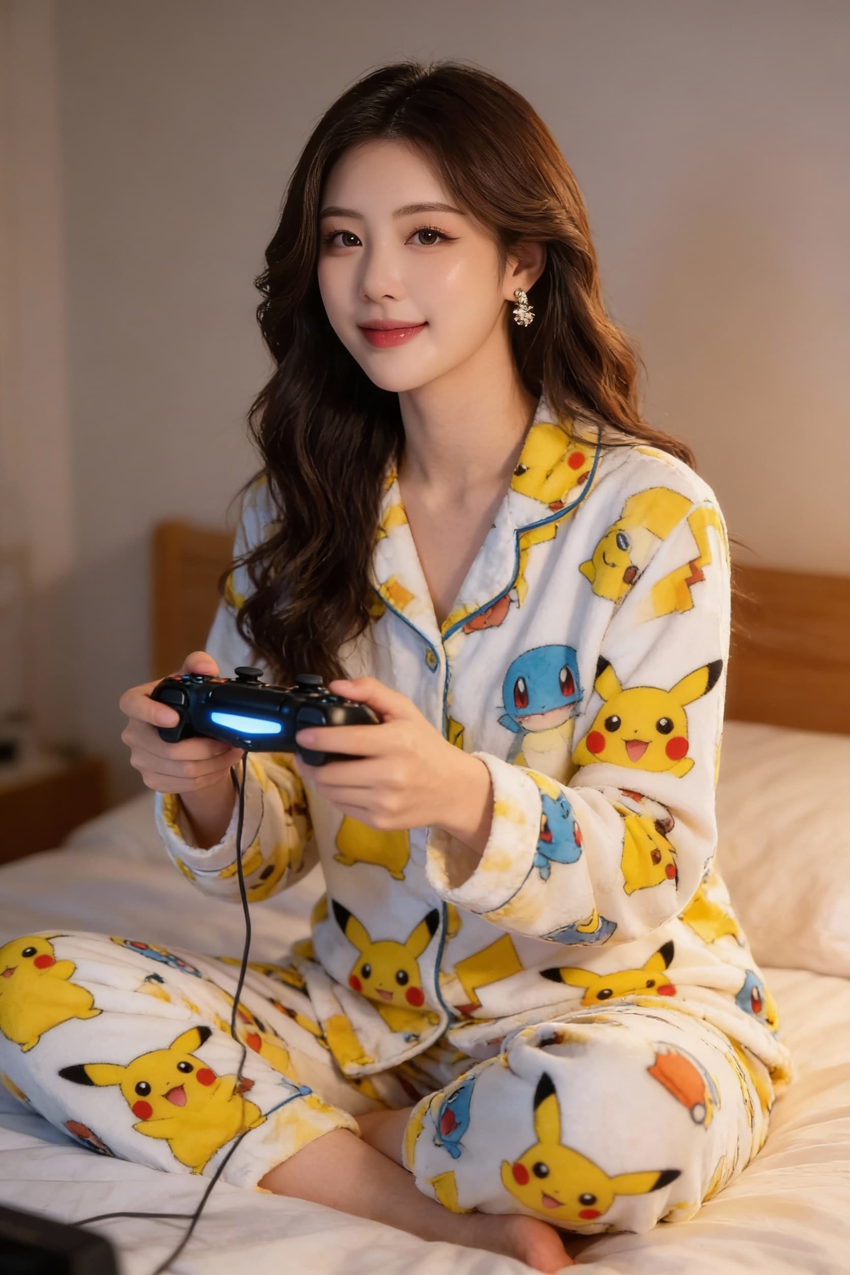 AI generated: 25 year old stunning half-korean woman, dressed in pokemon pajamas playing video game in her bedroom...