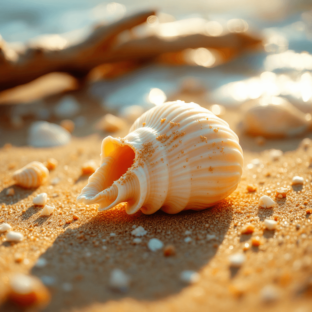 AI generated: A breathtaking macro shot of a seashell resting on a golden sandy beach, captured with an ultra-real...