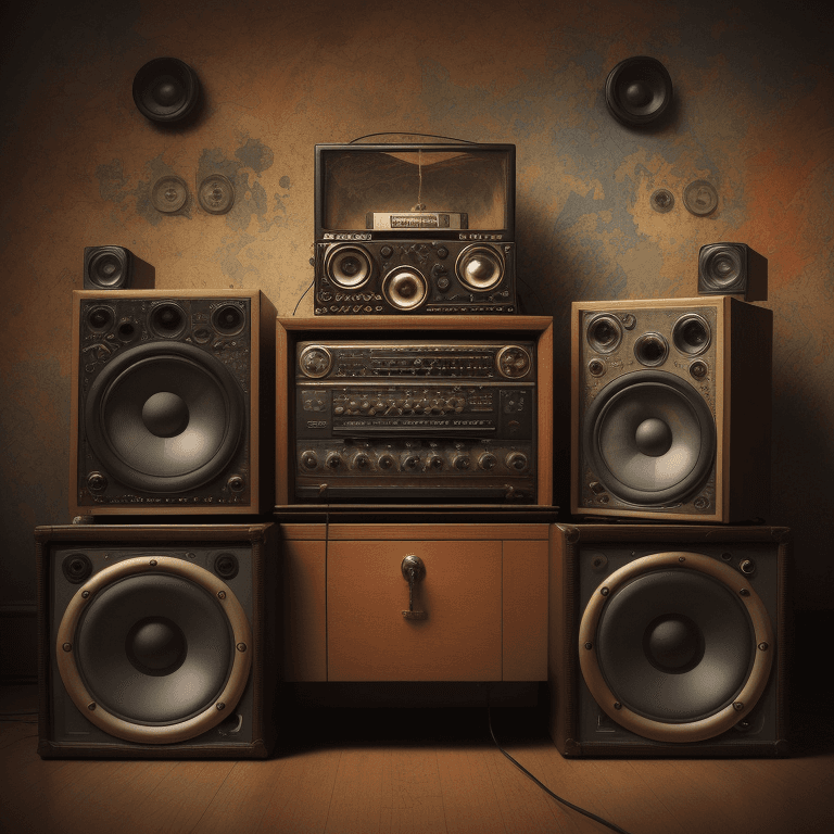 AI generated: music Album cover picture, surreal art oil picture, radio, speaker, music instruments