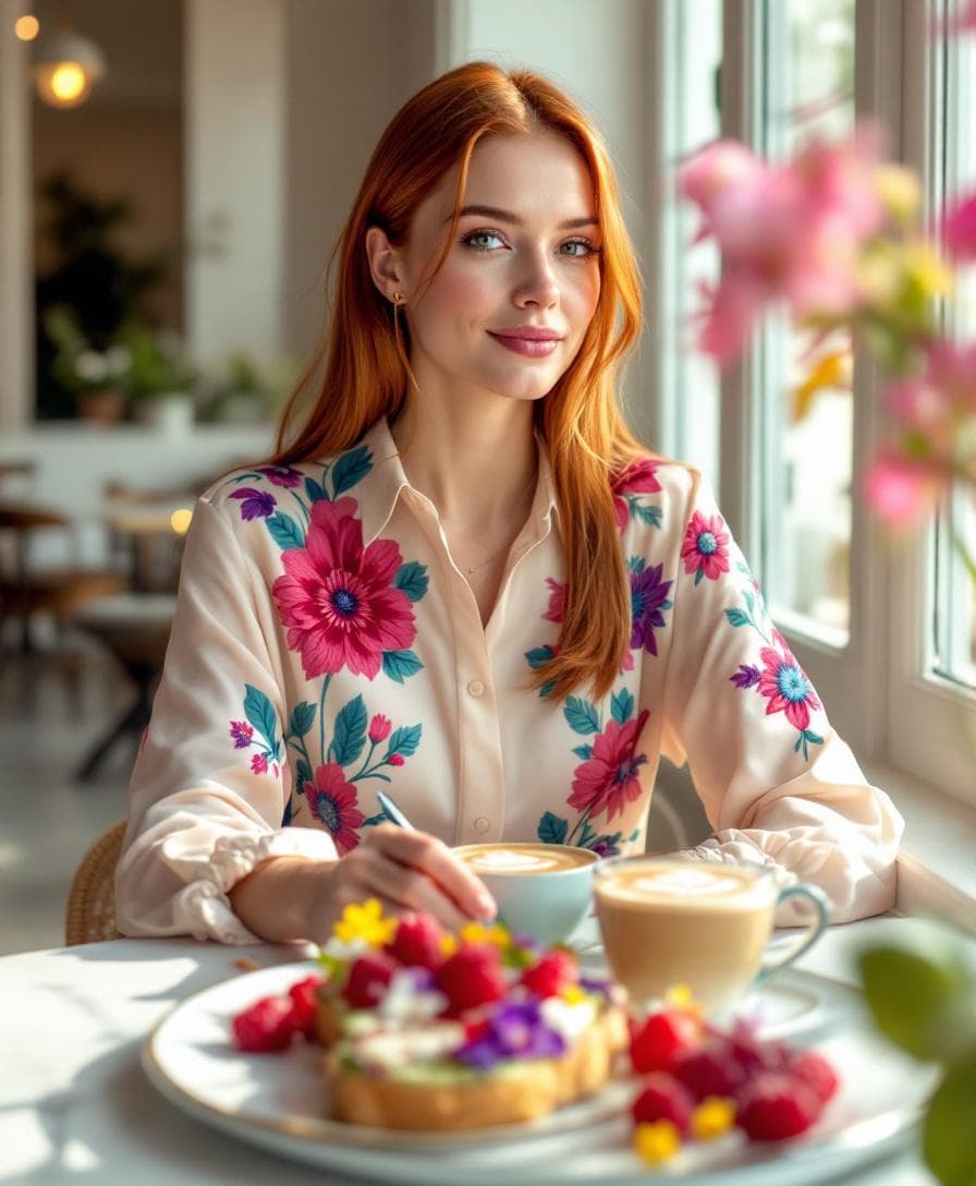AI generated: Elegant redhead woman with sleek straight auburn hair having breakfast in a bright minimalist café, ...