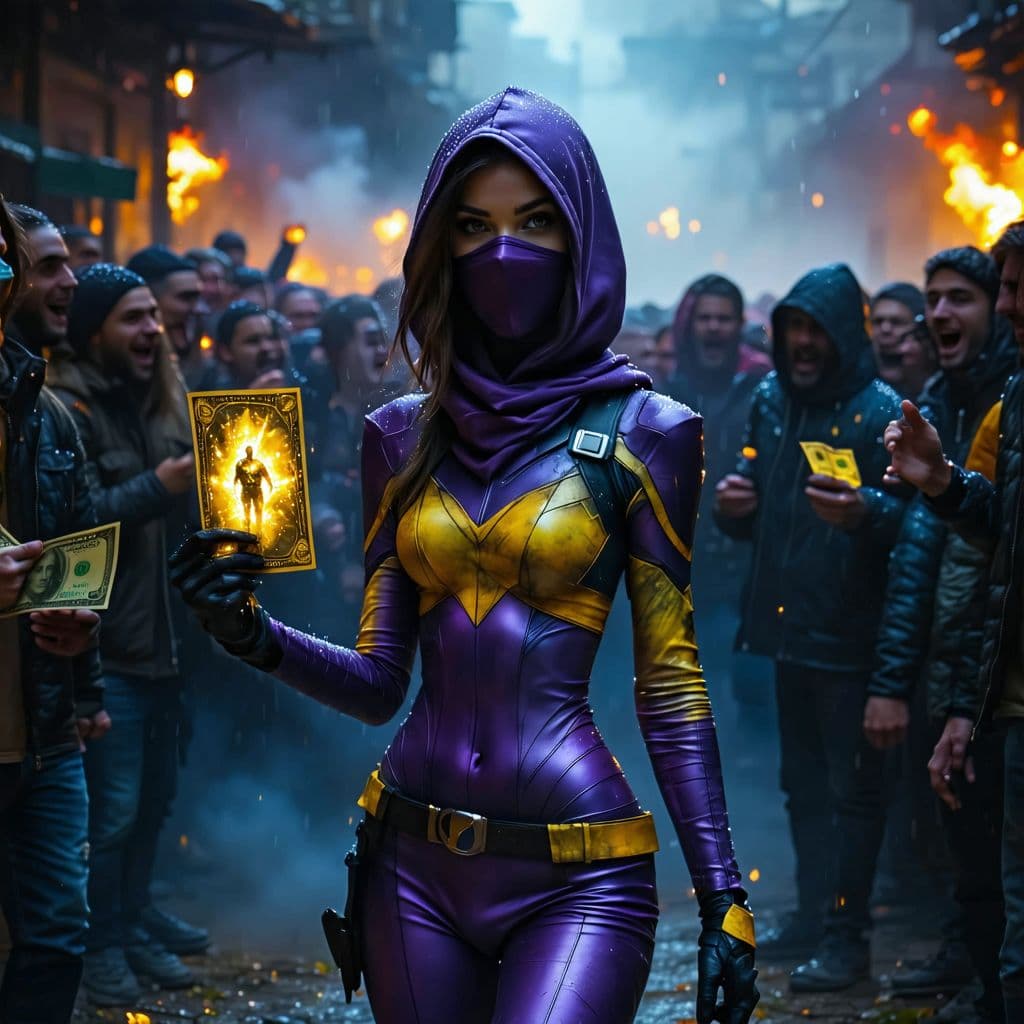 AI generated: A BEAUTIFUL MYSTERY GIRL IN A  PURPLE AND YELLOW TIGHT DETAILED SUPER HERO SUIT, NINJA, WALKING AND ...