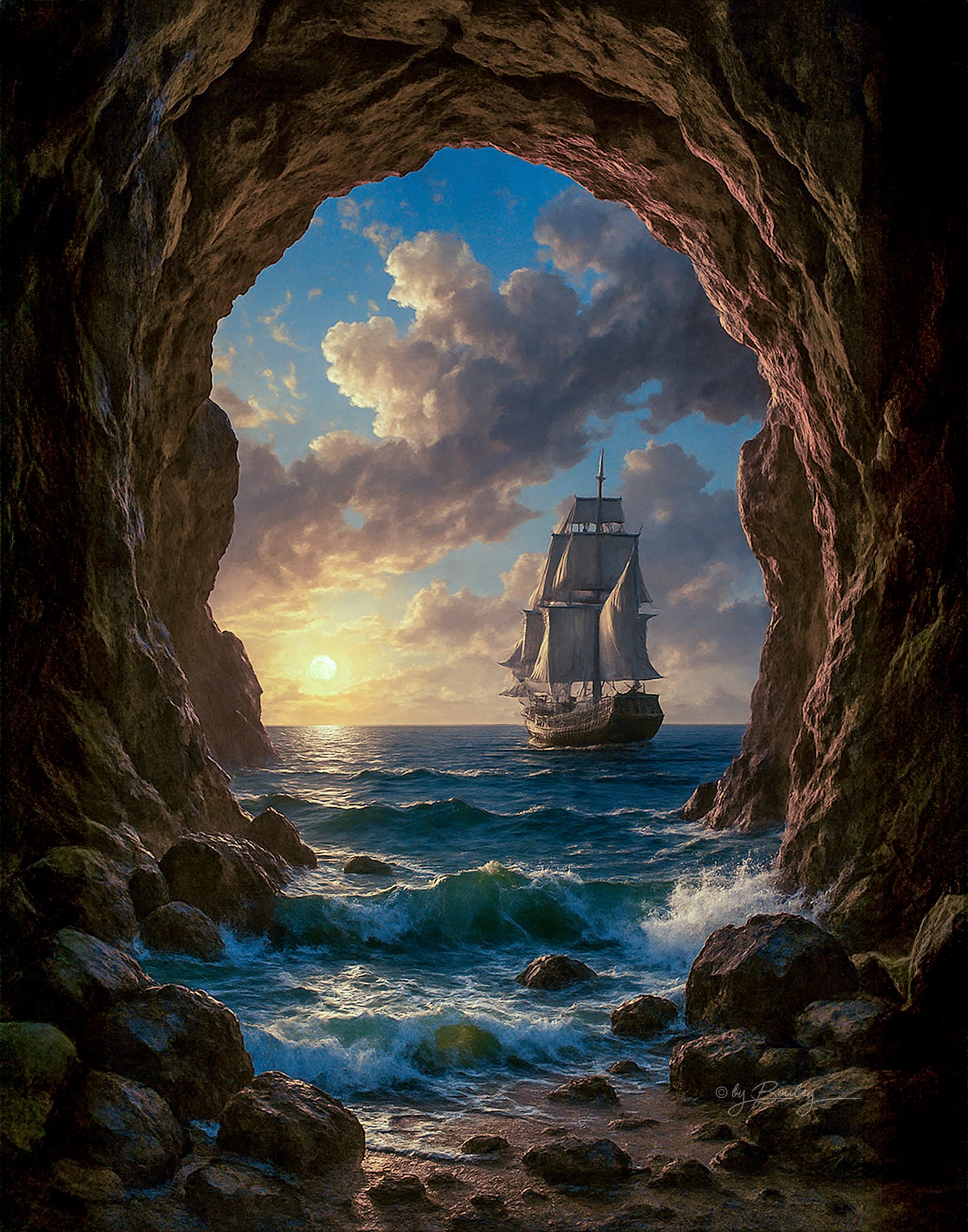AI generated: A seascape viewed looking out of a rocky sea cave. The scene opens to a beautiful ocean under a radi...