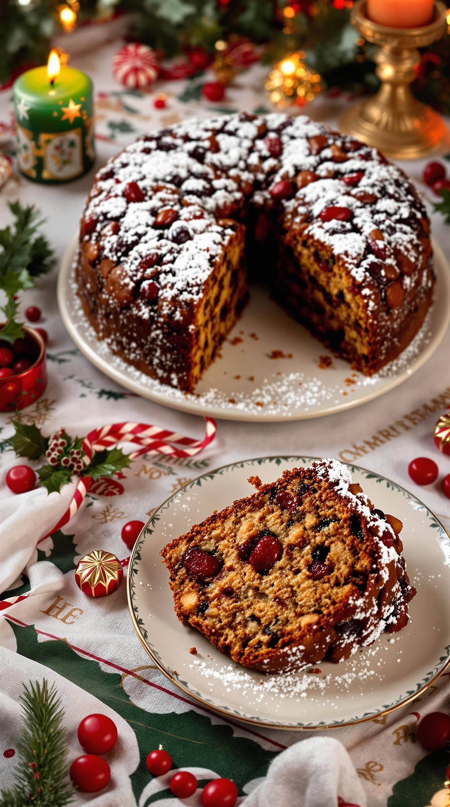 AI generated: "Create a stunning, hyper-realistic image of a delicious Christmas fruit cake, with a slice removed ...