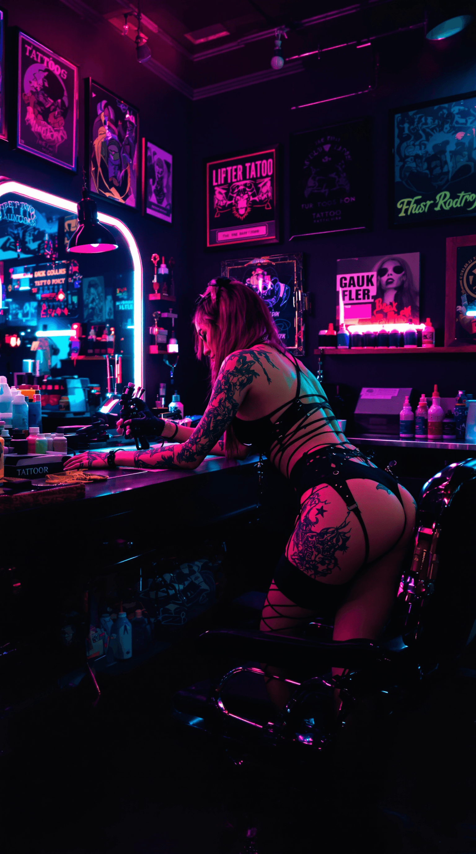 AI generated: a bold and edgy portrait of a tattoo artist working in a vibrant, neon-lit studio. The woman exudes ...