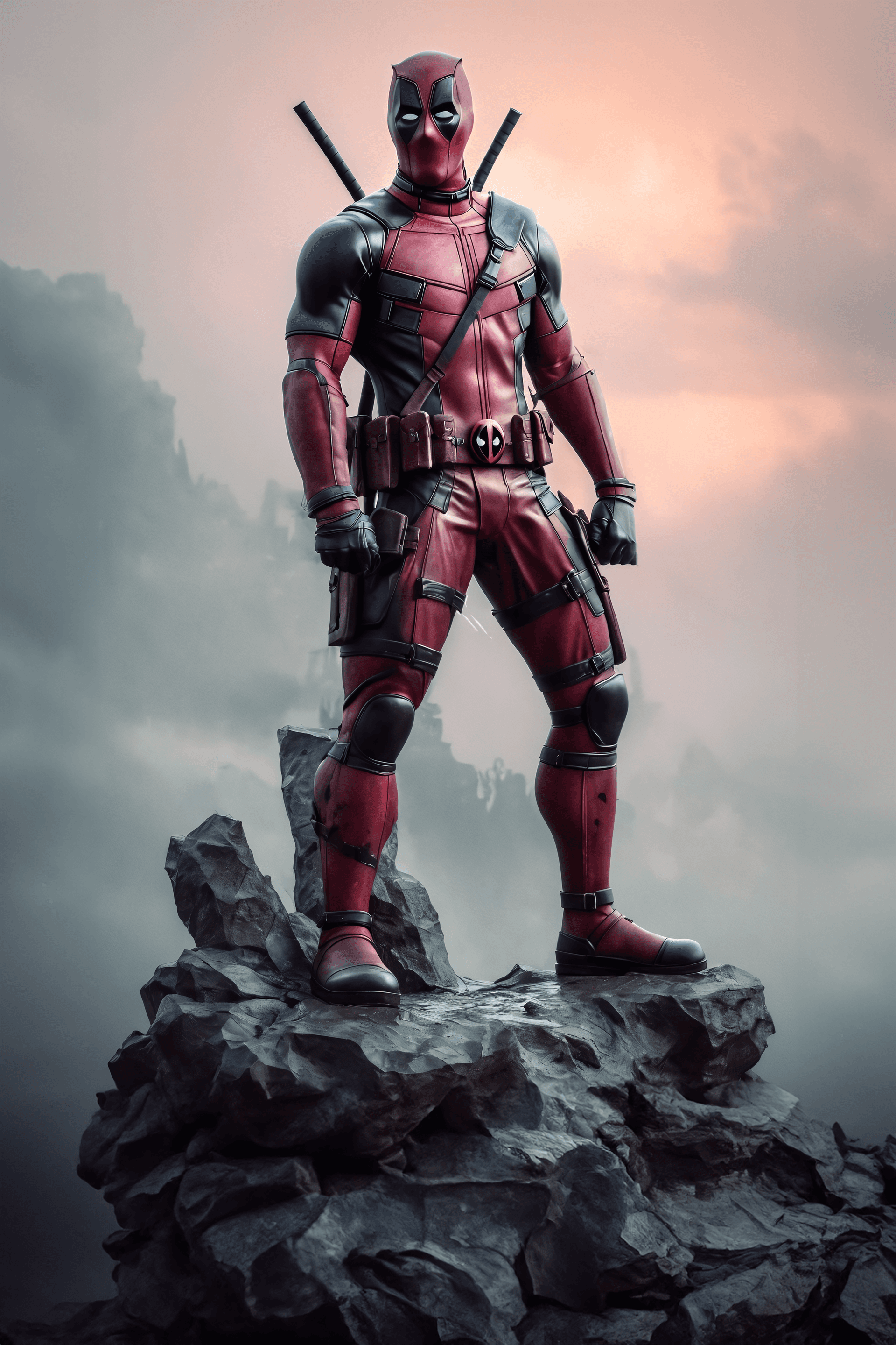 AI generated: Deadpool , dark mist, caricature in Constantin Brâncuși style, Serene, Dynamic, surreal masterpiece,...