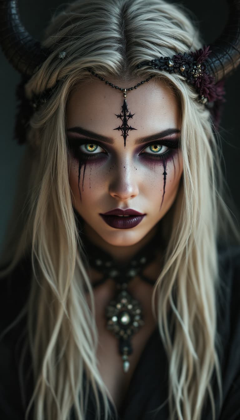AI generated: Crie um retrato fotorrealista de uma mulher com maquiagem escura e arte de maquiagem, ambientado em ...