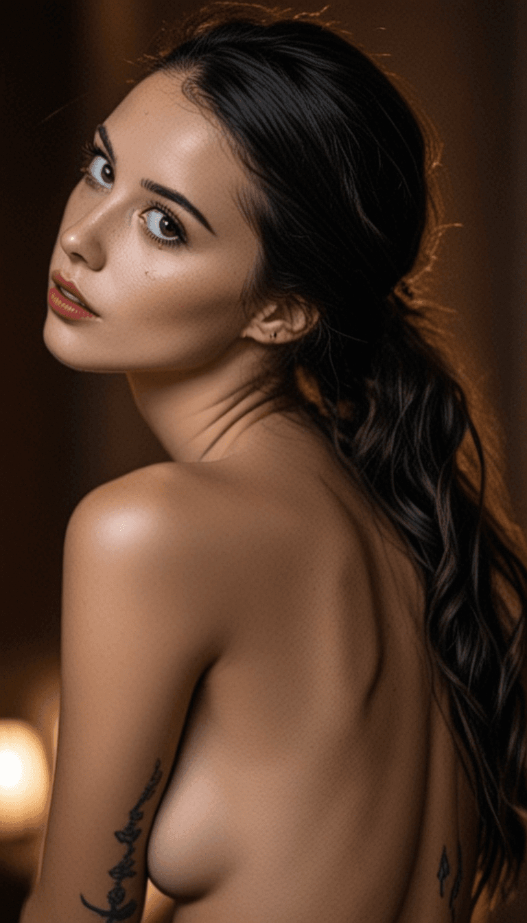 AI generated: Woman with bare back turned slightly away, hair in loose ponytail, looking over shoulder with soft e...