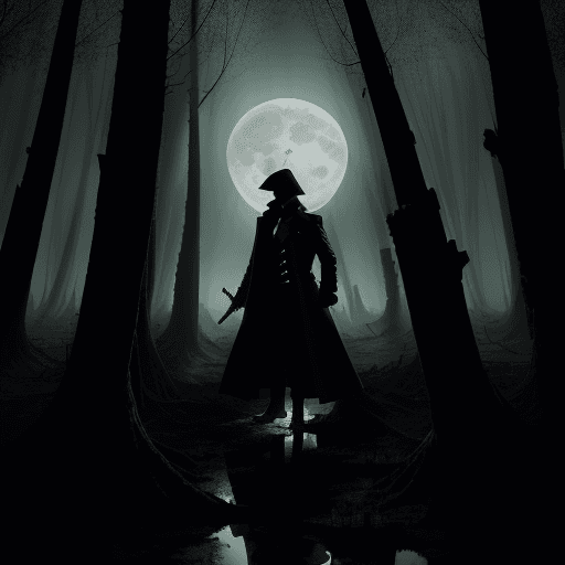 AI generated: Epic scene, a small silhouette of a man in a trench coat, holding a sword, short hair, long coat, bo...