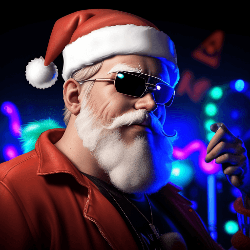 AI generated: DJ terminator, Santa Claus with (Christmas hat) at a nightclub, party with Santa, DJ Santa, neon lig...