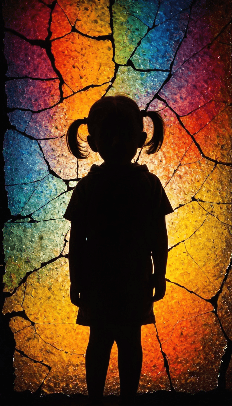 AI generated: the silhouette of a little girl against the background of broken color glass, highres, realistic pho...