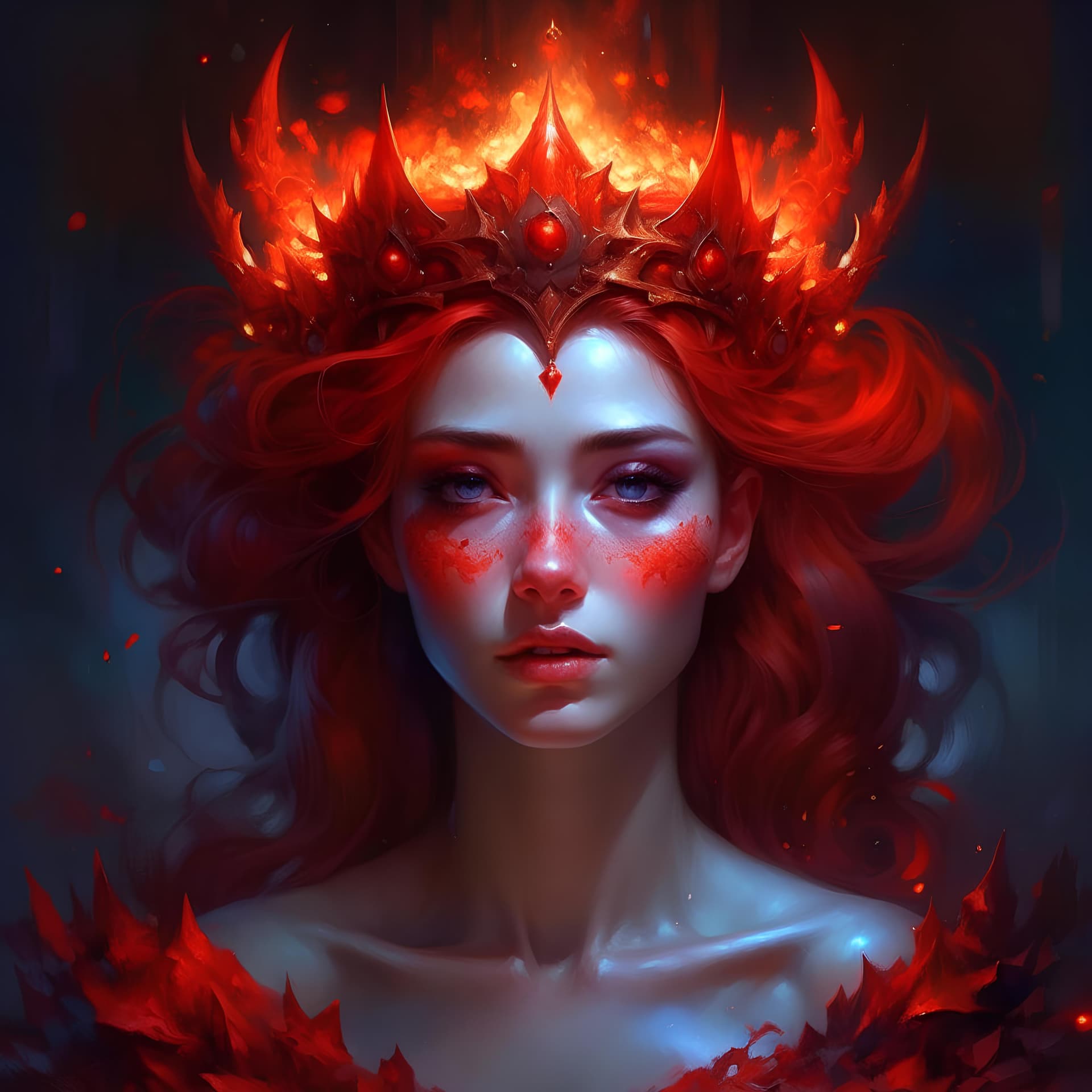AI generated: a woman in a red dress with a crown on her head, inspired by WLOP, fantasy art, glowing ember eyes, ...