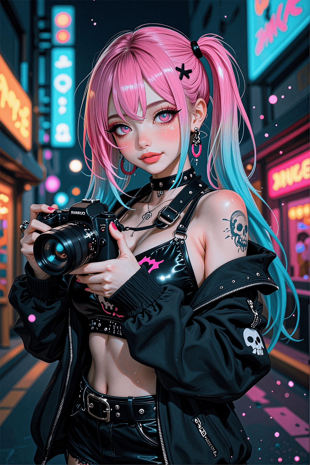 AI generated: A vertical anime illustration of a stylish girl with pastel pink and cyan gradient hair styled in tw...