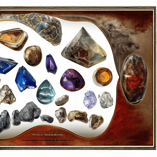AI generated: full page antique lithograph of gemstones minerals, White background, art print, clean brush stroke,...