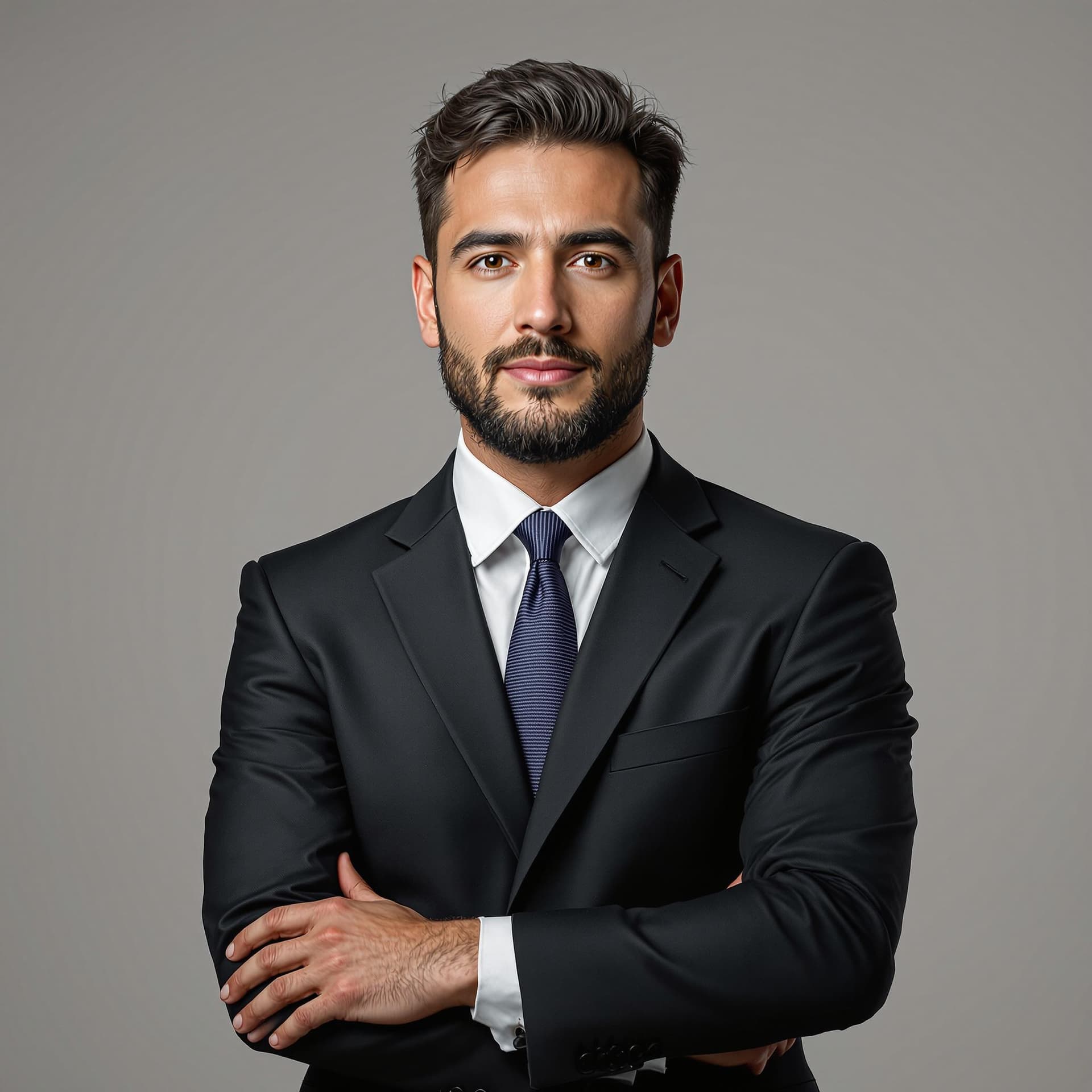 AI generated: Professional LinkedIn photo, man in a dark suit, neutral background, photorealistic, 8k --cref https...