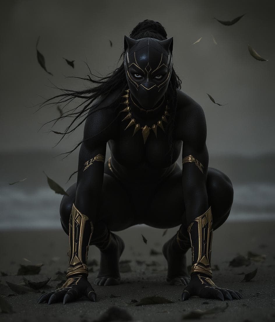 AI generated: A fierce female Black Panther homage with sleek dark skin-tight swimwear patterned like vibranium ar...