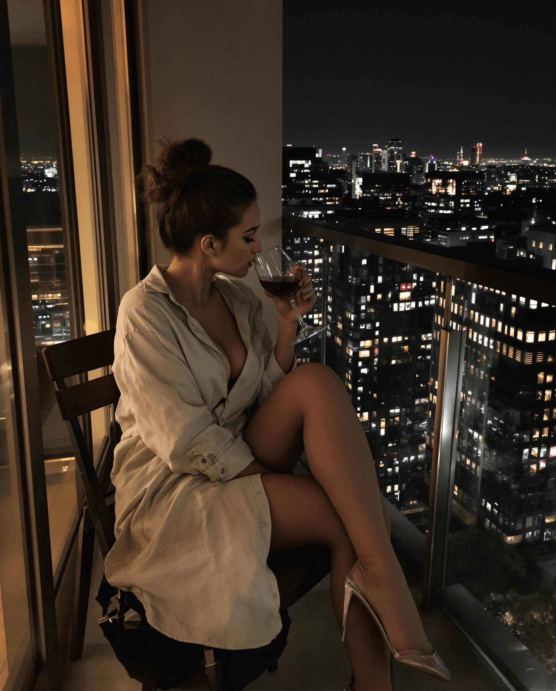 AI generated: Keeley hazell, dark brown messy bun, ample chest, thick thigh, long leg, sitting on a modern apartme...
