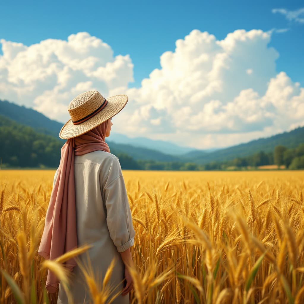AI generated: Wheat field, a hijabi farmer with a straw hat standing in a wheat field, big clouds, blue sky, rice ...