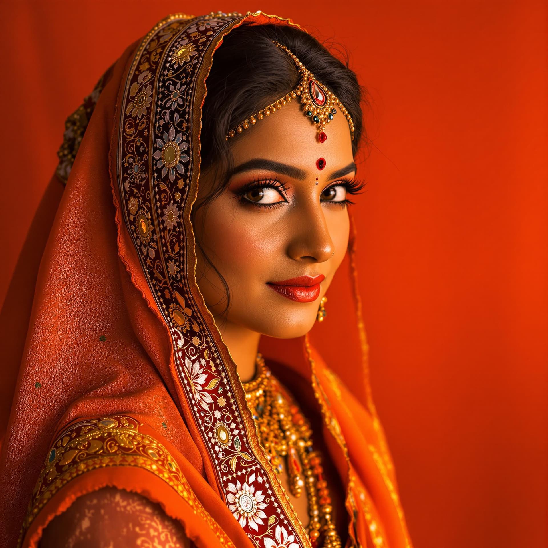 AI generated: photography, orange hue, Indian Maharashtrian woman model, solid orange traditional backdrop, using ...