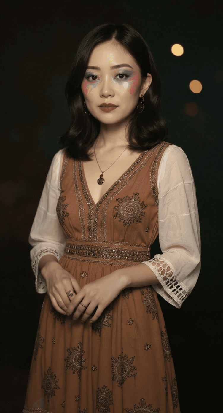AI generated: an eclectic 35 years old chinese woman with vivid colourful makeup, posing, wearing bohemian clothin...