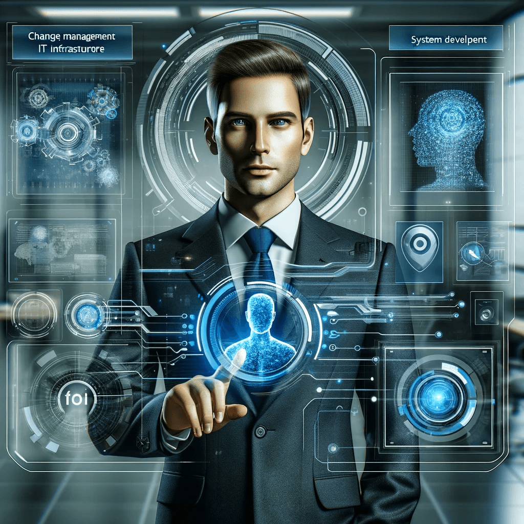 AI generated: Create a gaming image of a professional and modern IT environment with a man resembling an AI-genera...