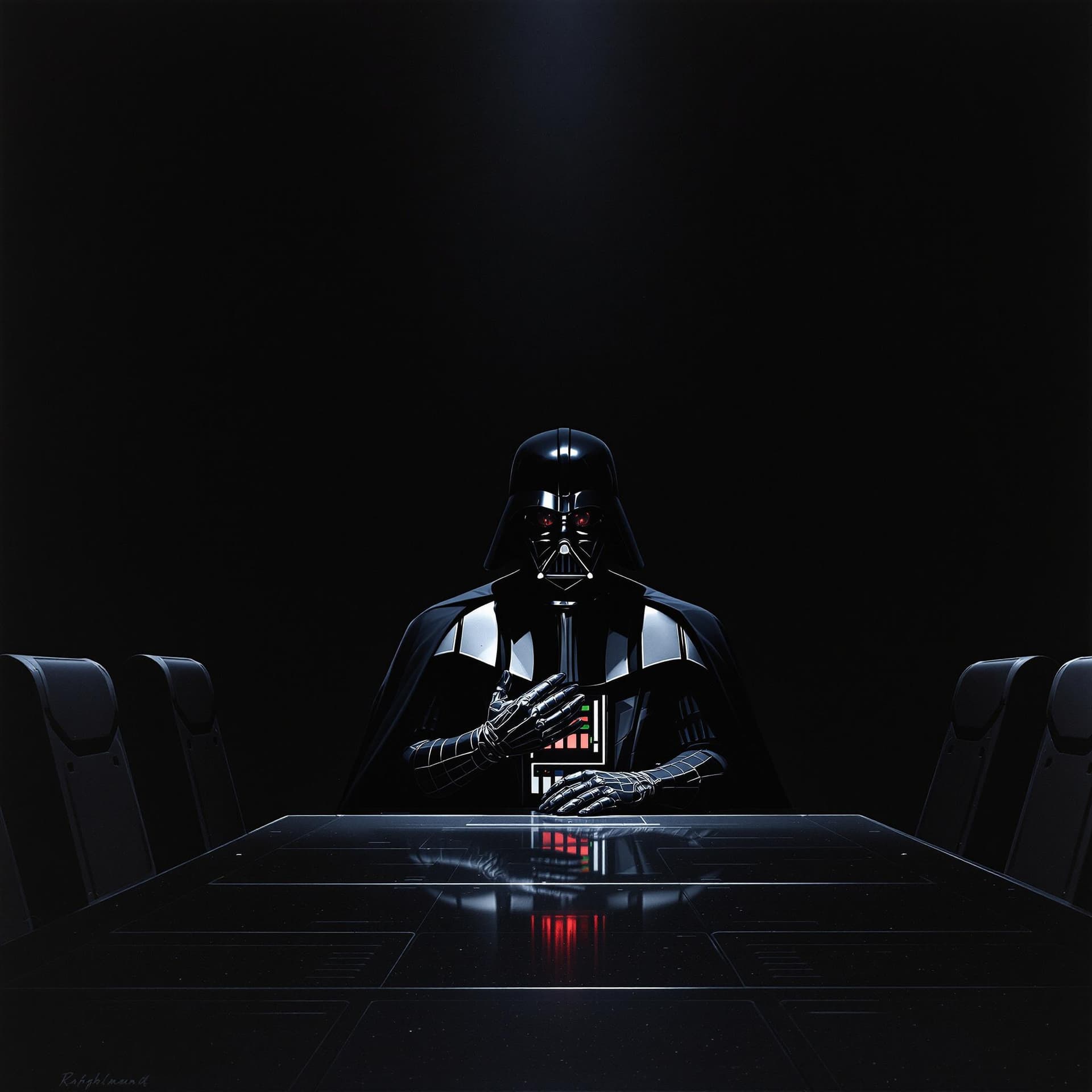 AI generated: "A shadowy conference room aboard the Death Star, captured in the dramatic, painterly style of Ralph...
