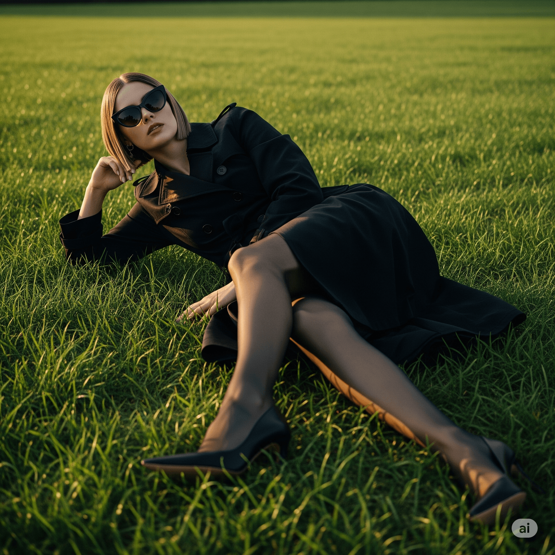 AI generated: A young, stylish woman with short blonde hair and dark sunglasses is lying on her side in a field of...