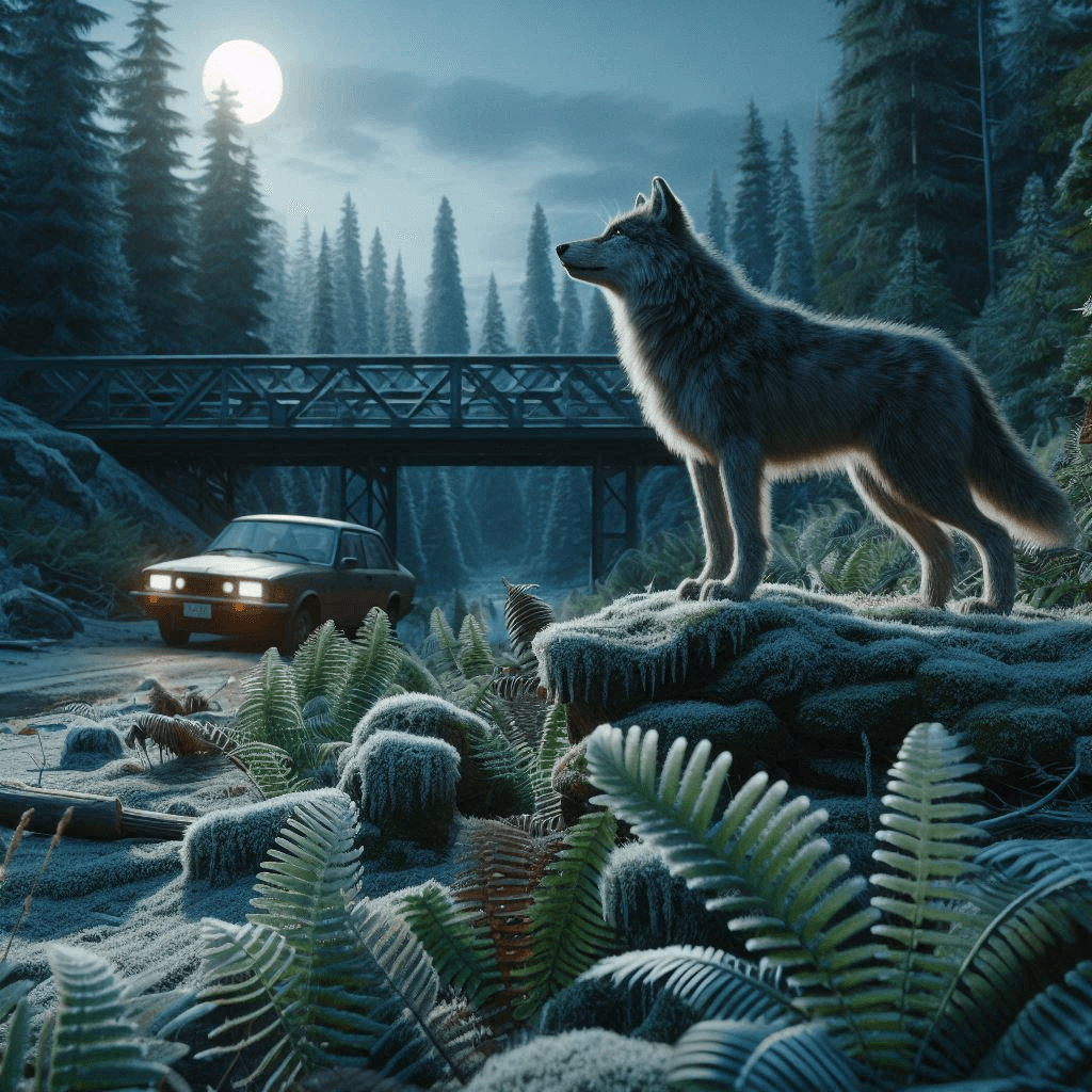 AI generated: Close-up professional cinematic 3D animation of a long-furred wolf standing upright on his rear legs...