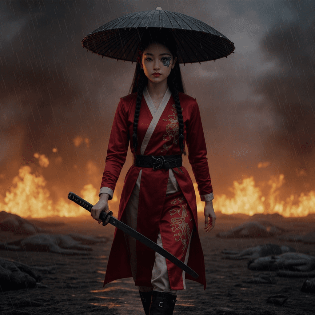 AI generated: HD hyper realistic zoomed out photo of a Chinese female warrior. She is walking toward the camera, s...