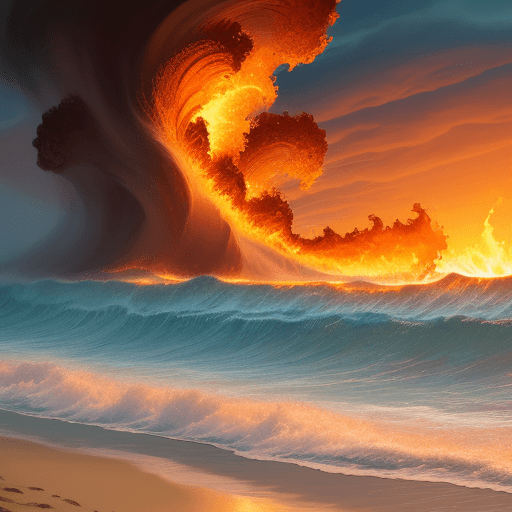 AI generated: a wave of fire towering over the beach