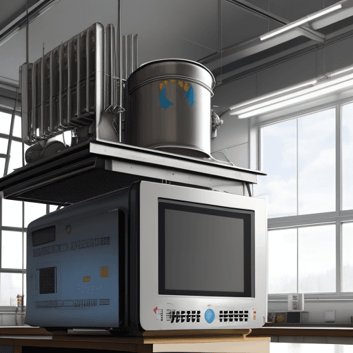AI generated: realistic very big huge irradiator teacher, giant microwave oven in the chemistry classroom, giant a...